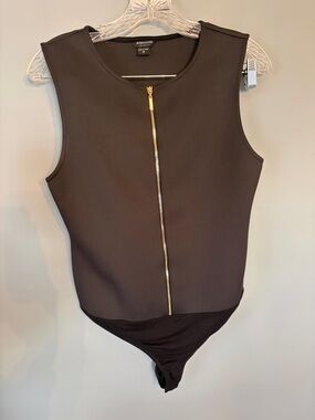 Marciano Black Sleeveless Zip-Front Bodysuit with Gold Zipper